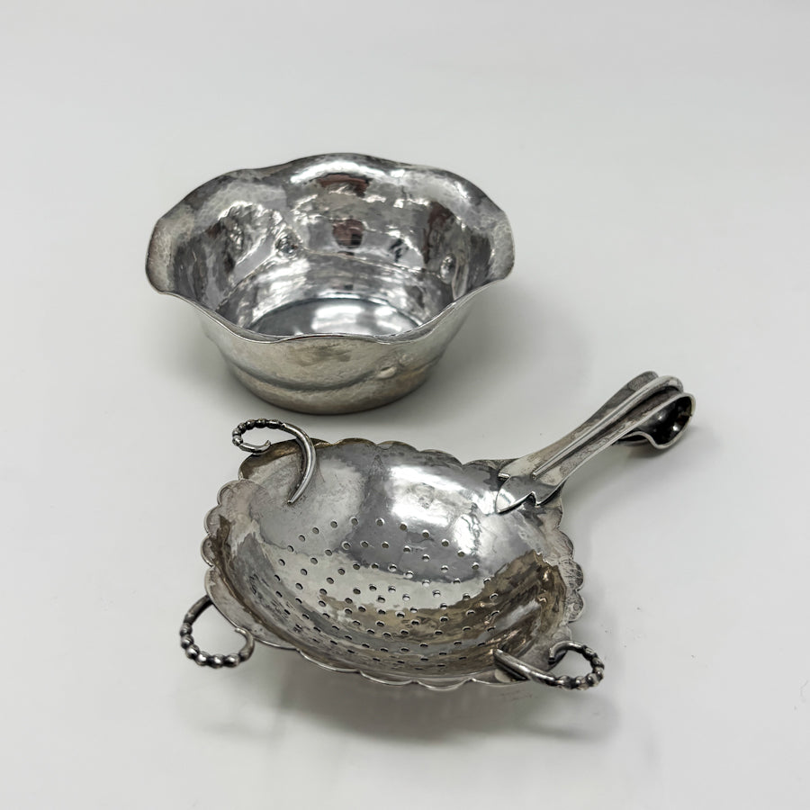 Estate Peer Smed Handwrought Sterling Silver Tea Strainer with Circular Cut-Out Design on Stand