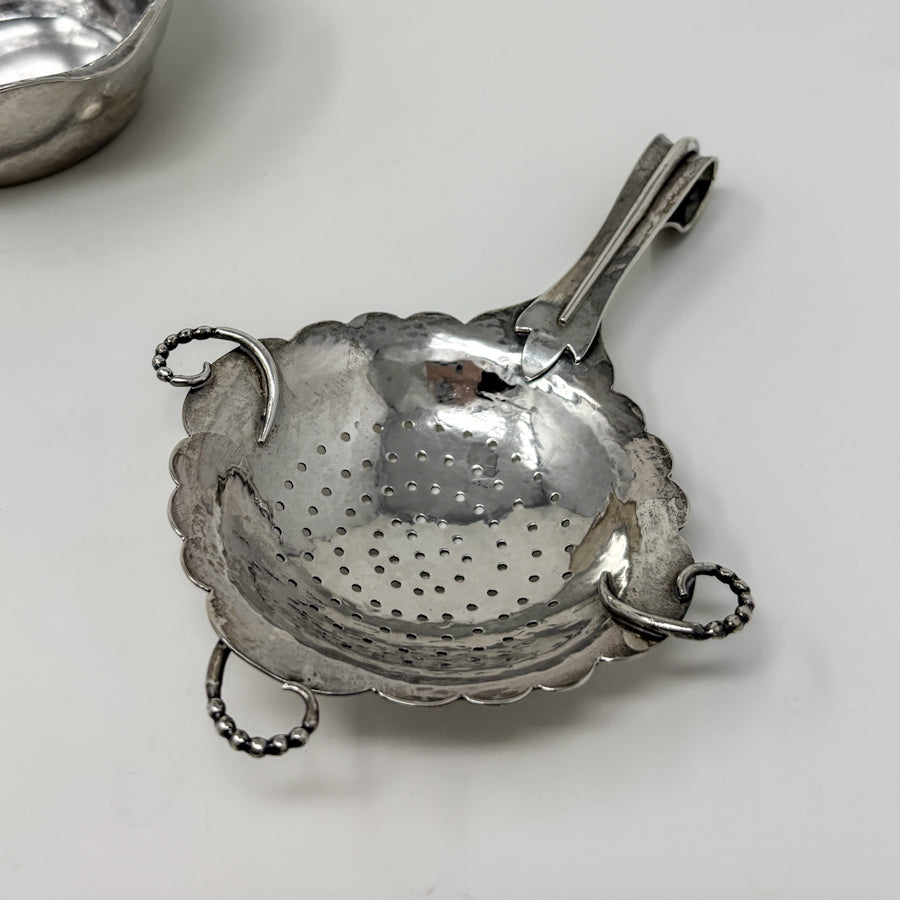 Estate Peer Smed Handwrought Sterling Silver Tea Strainer with Circular Cut-Out Design on Stand