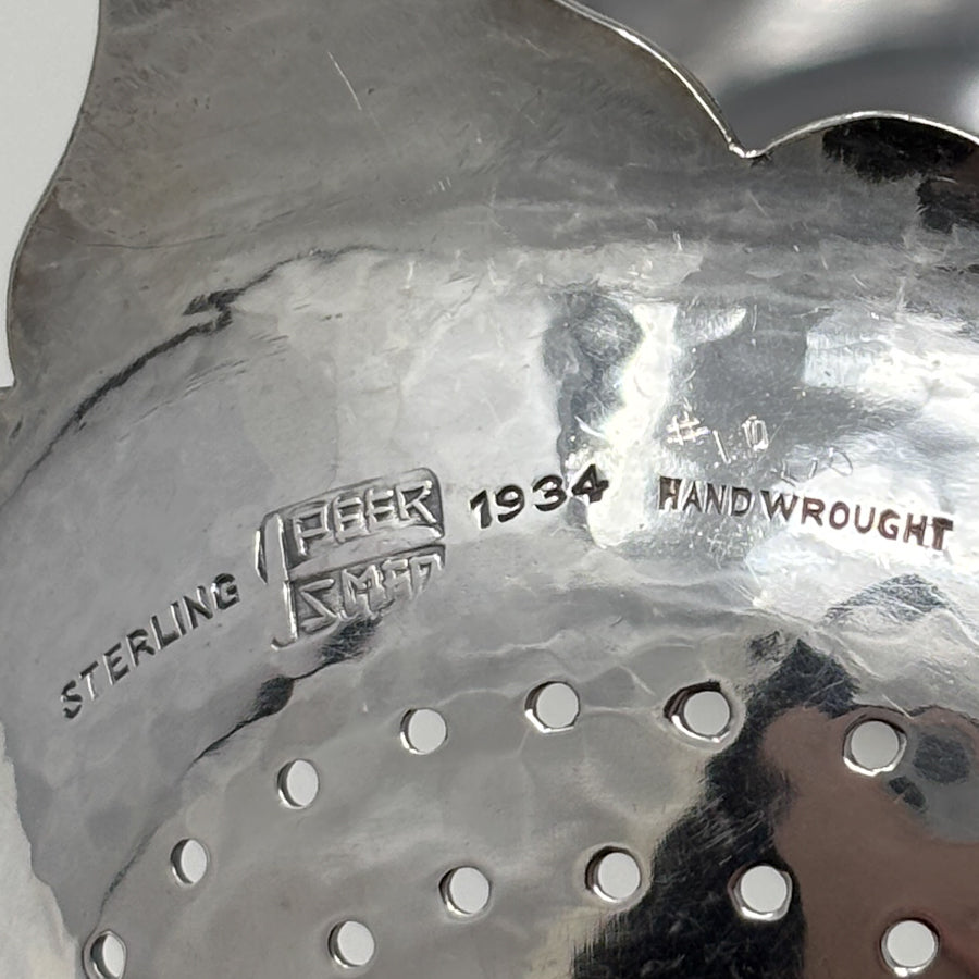 Estate Peer Smed Handwrought Sterling Silver Tea Strainer with Circular Cut-Out Design on Stand