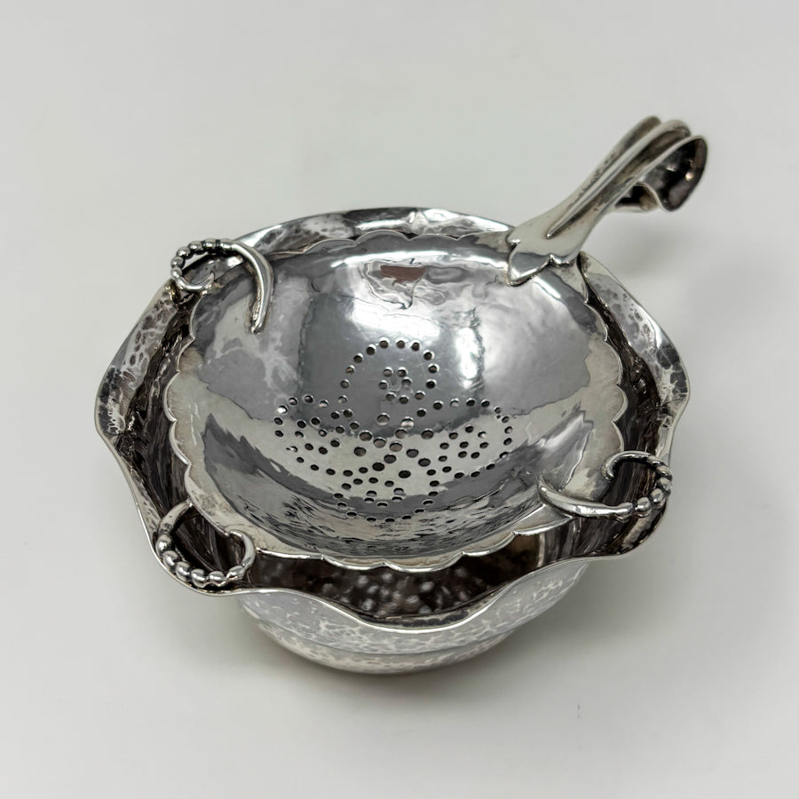 Estate Peer Smed Handwrought Sterling Silver Tea Strainer with Spiral Cut-Out Design on Stand
