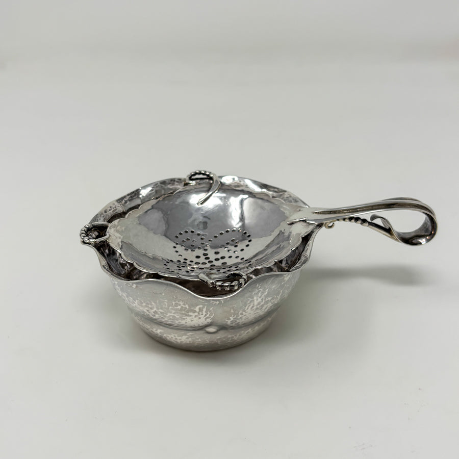 Estate Peer Smed Handwrought Sterling Silver Tea Strainer with Spiral Cut-Out Design on Stand