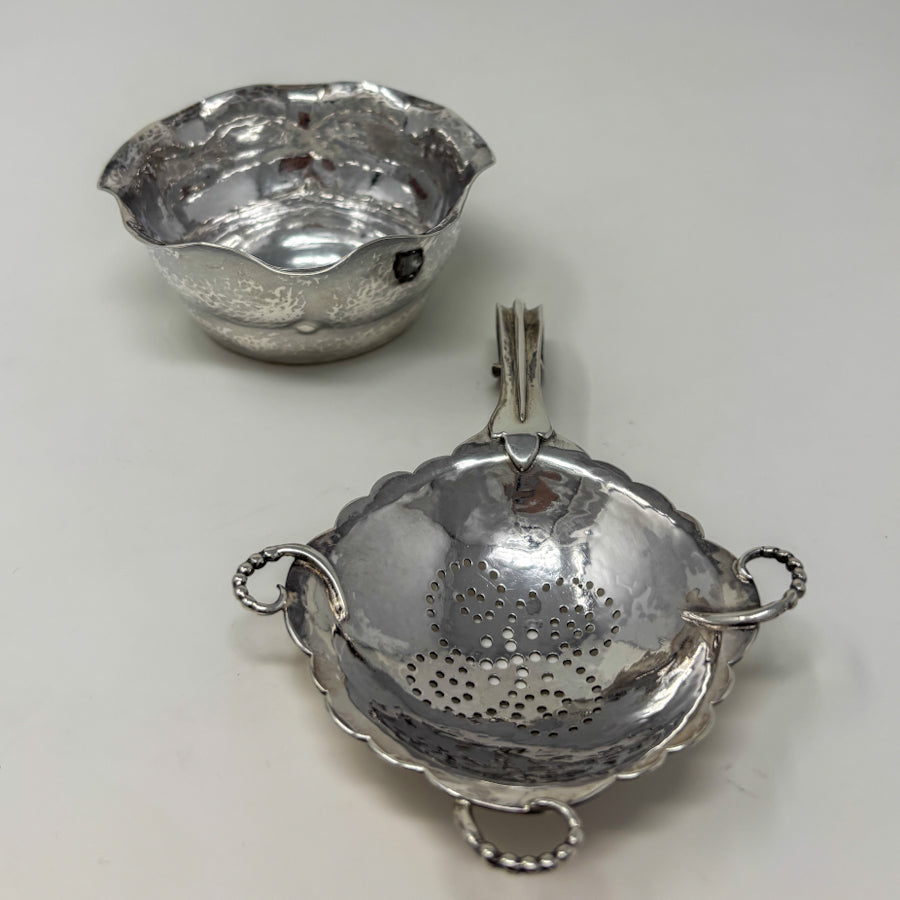 Estate Peer Smed Handwrought Sterling Silver Tea Strainer with Spiral Cut-Out Design on Stand