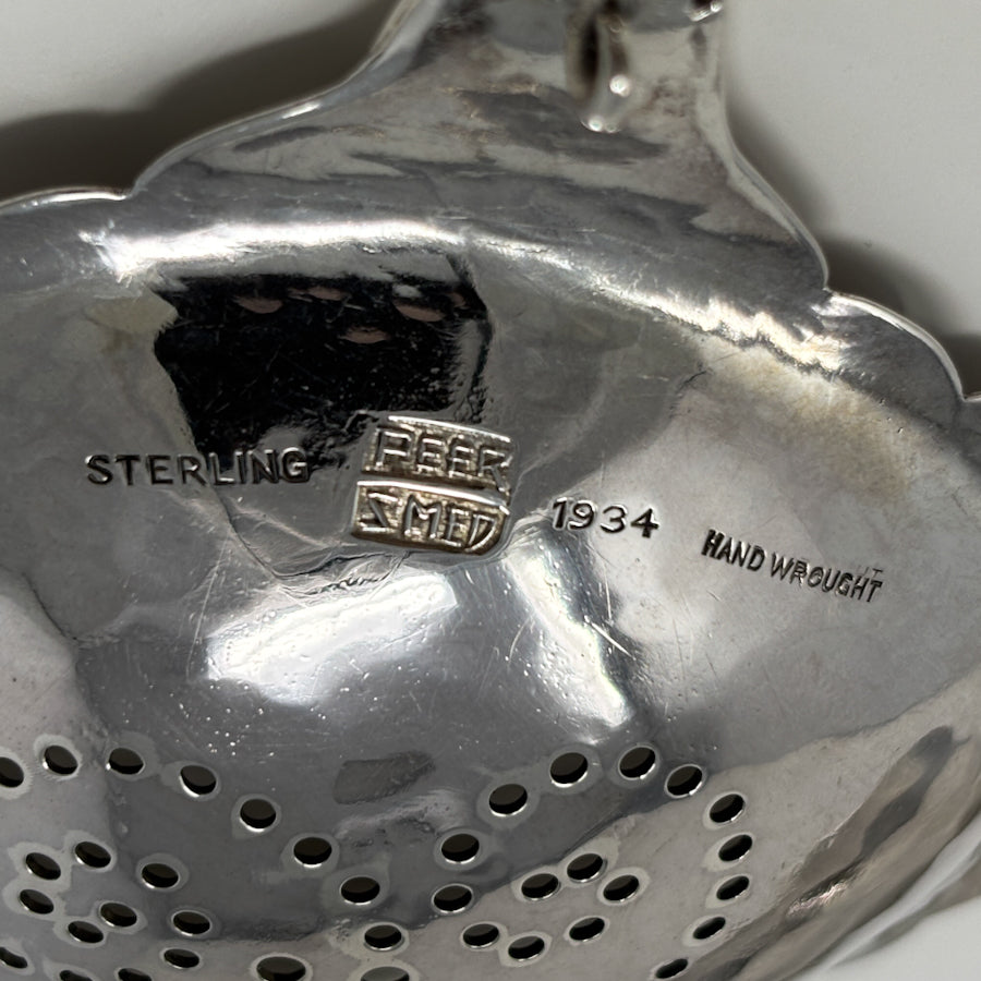 Estate Peer Smed Handwrought Sterling Silver Tea Strainer with Spiral Cut-Out Design on Stand