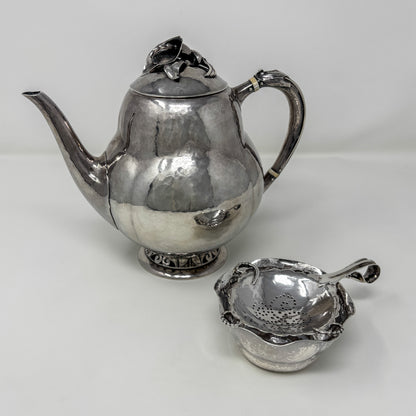 Estate Peer Smed Handwrought Sterling Silver Tea Strainer with Spiral Cut-Out Design on Stand