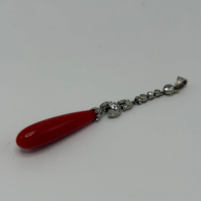 Estate Coral Pendant Edwardian with European Diamonds in Platinum