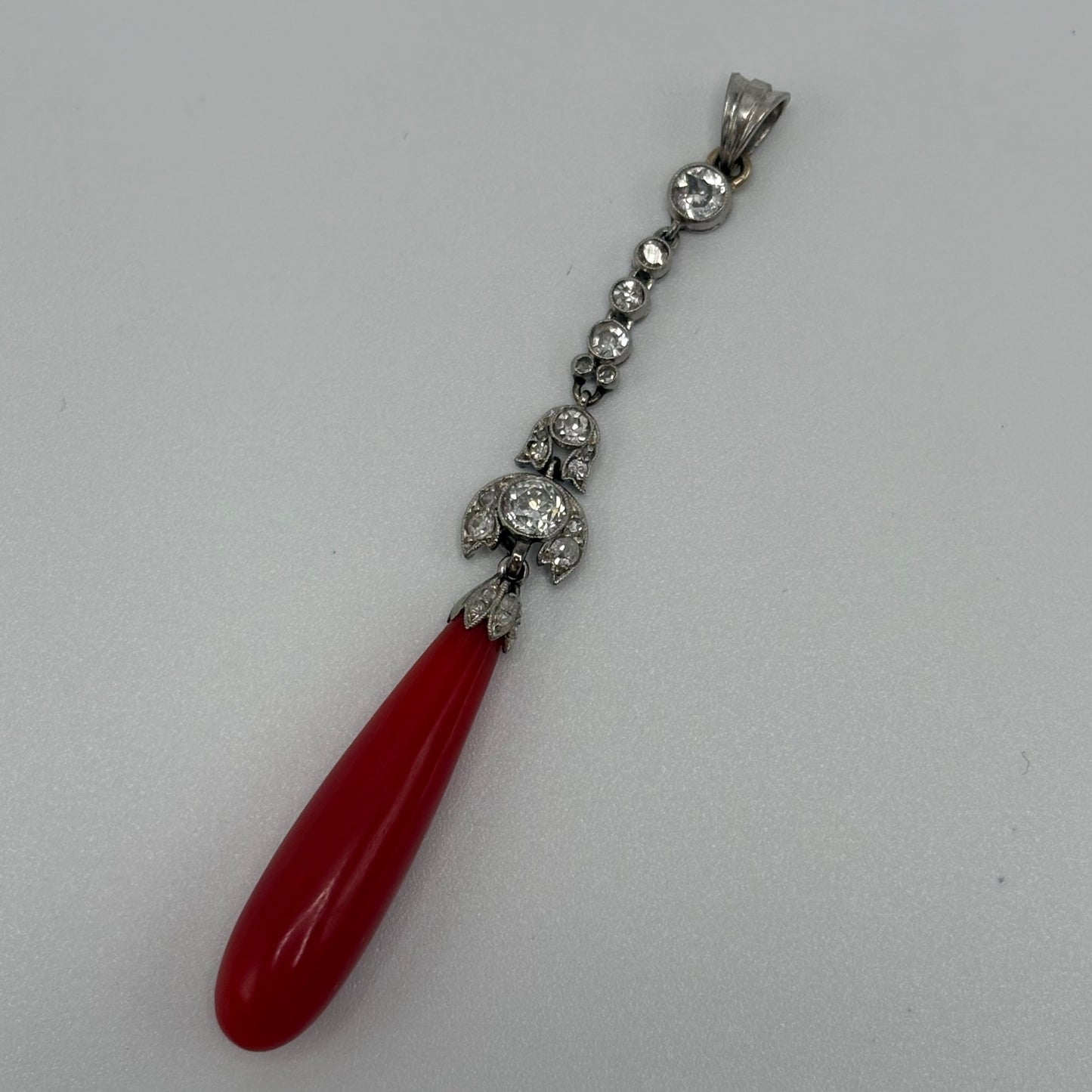 Estate Coral Pendant Edwardian with European Diamonds in Platinum
