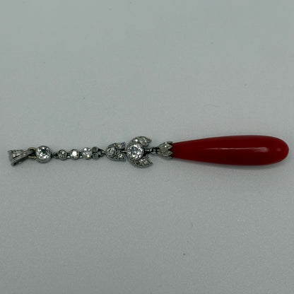 Estate Coral Pendant Edwardian with European Diamonds in Platinum