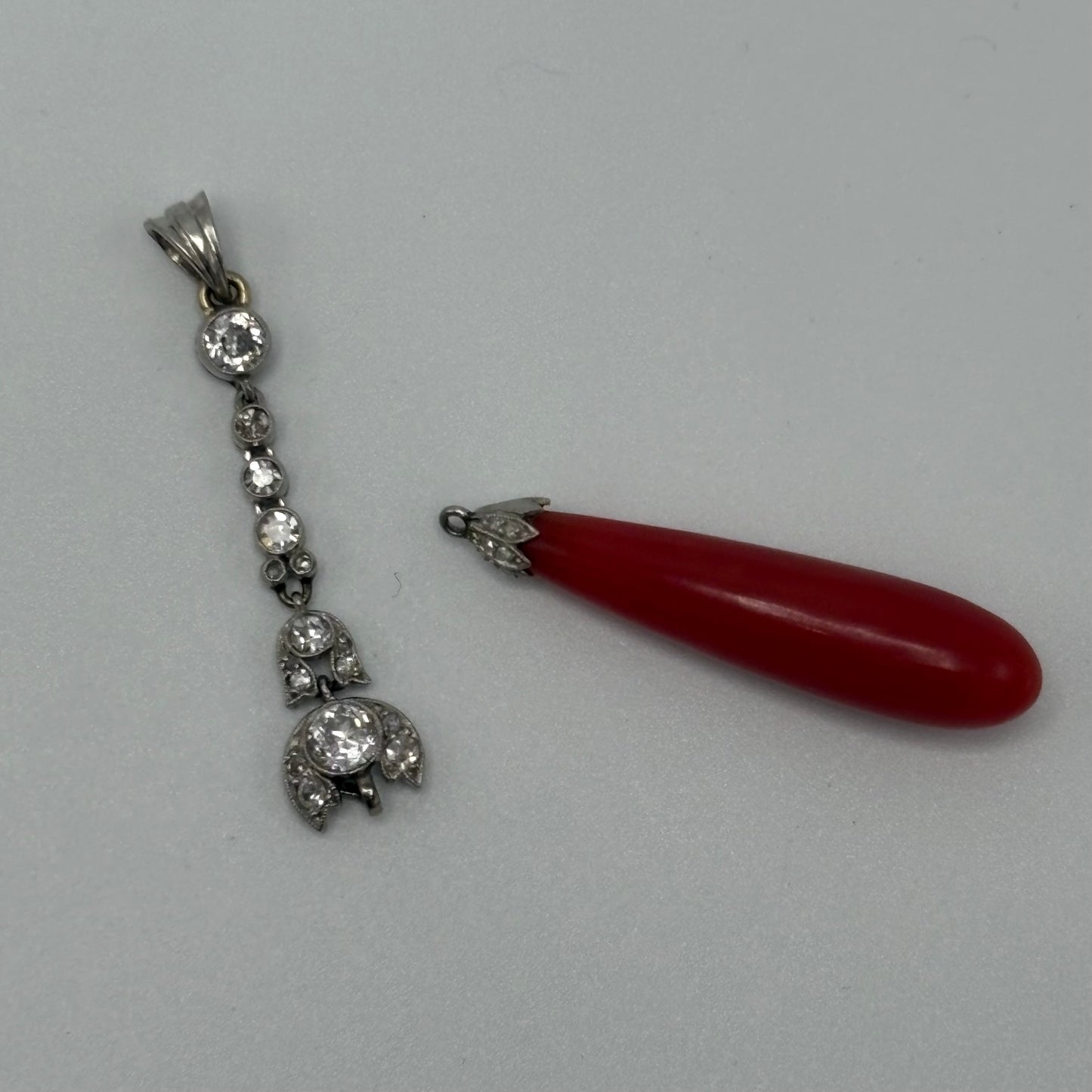 Estate Coral Pendant Edwardian with European Diamonds in Platinum