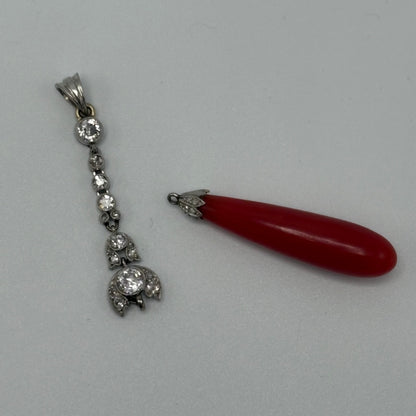 Estate Coral Pendant Edwardian with European Diamonds in Platinum