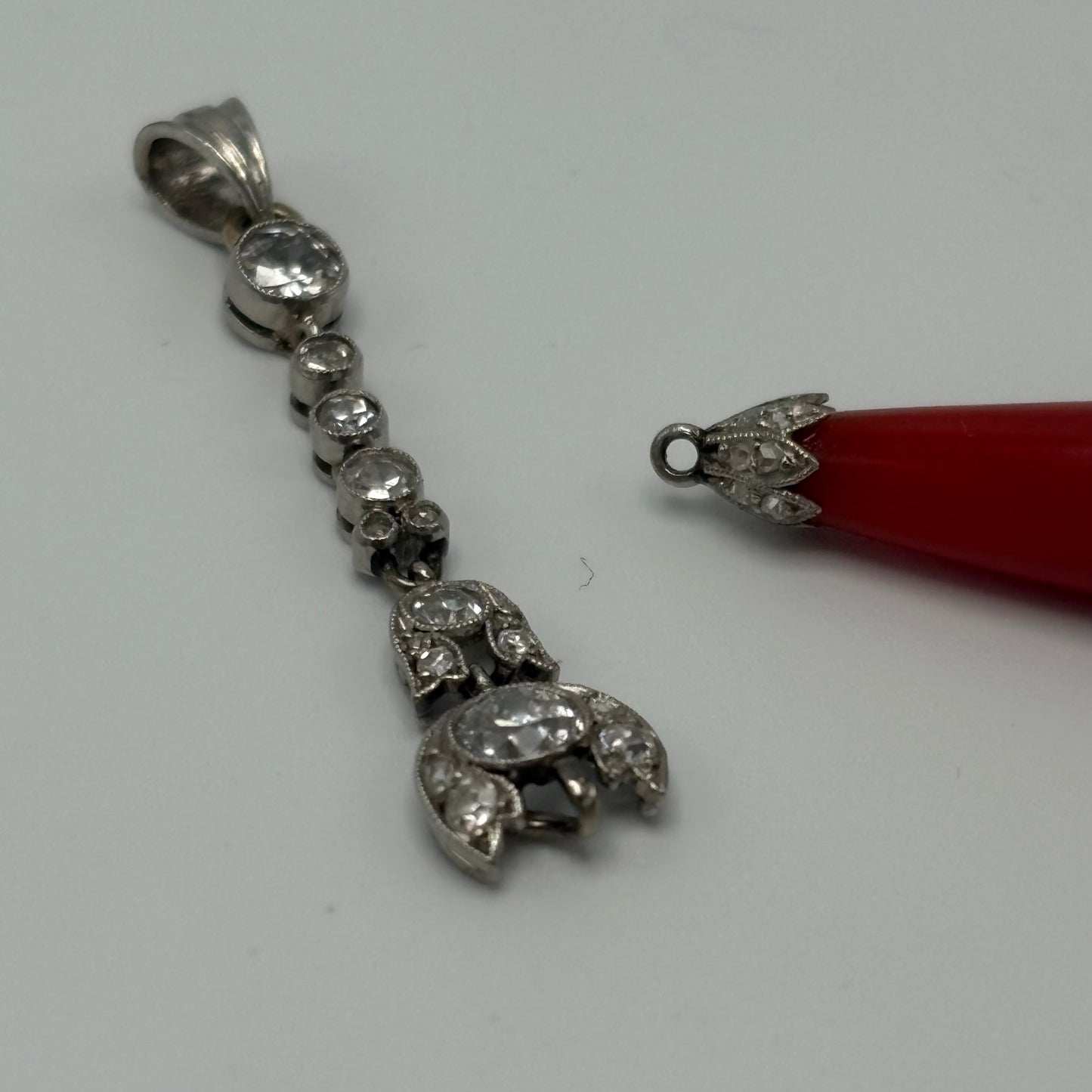 Estate Coral Pendant Edwardian with European Diamonds in Platinum
