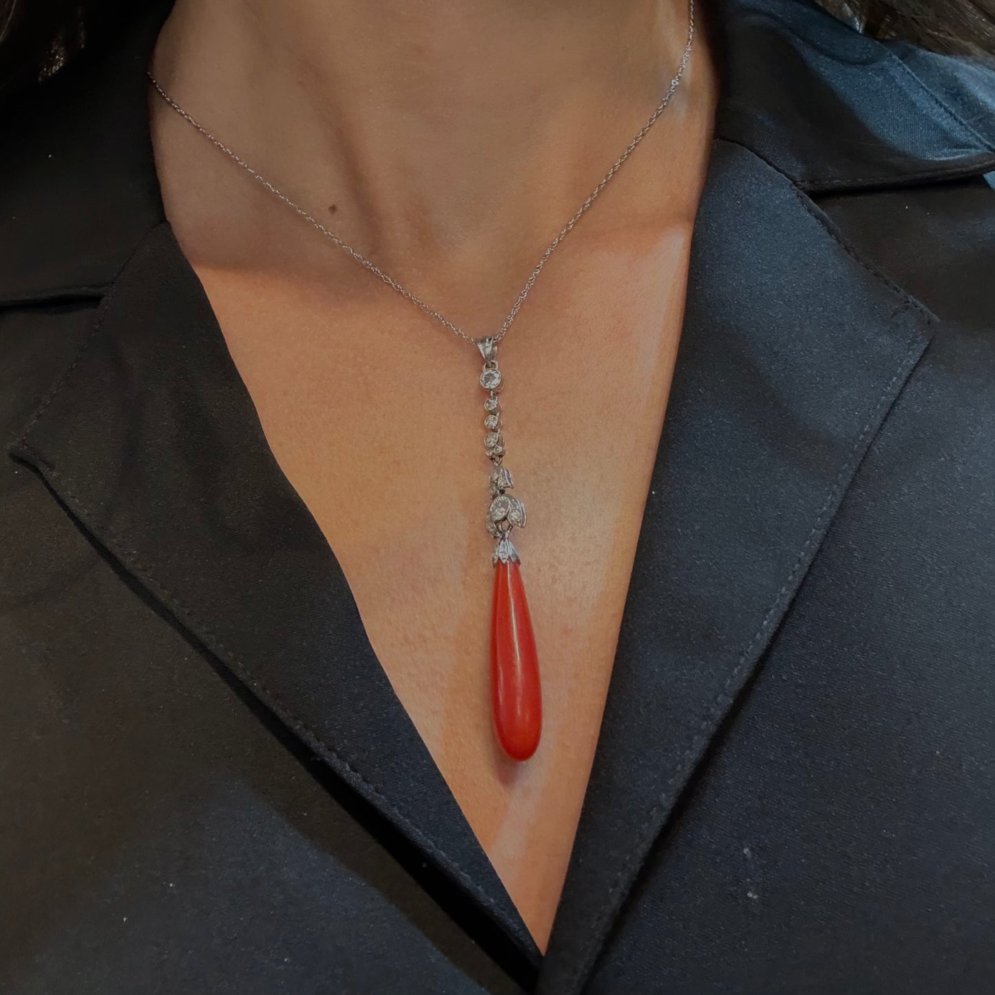Estate Coral Pendant Edwardian with European Diamonds in Platinum