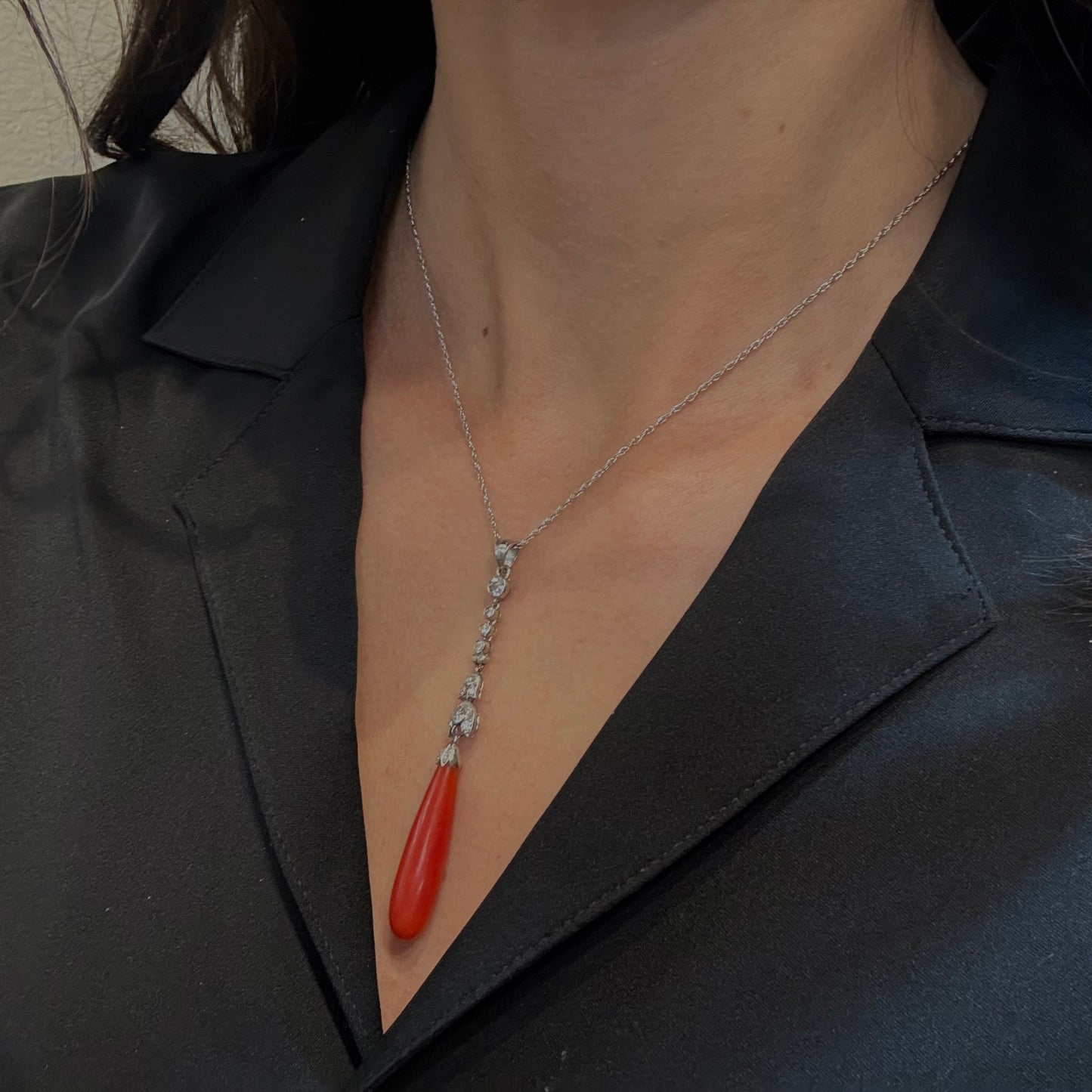 Estate Coral Pendant Edwardian with European Diamonds in Platinum