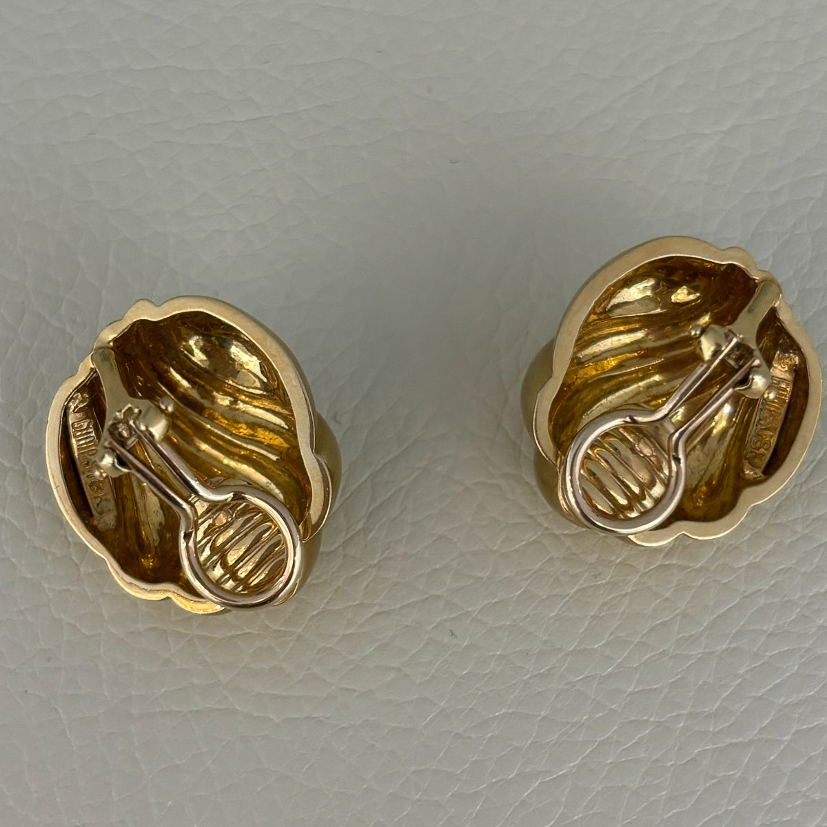 Estate 18K Yellow Gold Omega Back Sculpted Shell Earrings