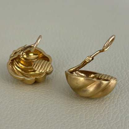 Estate 18K Yellow Gold Omega Back Sculpted Shell Earrings
