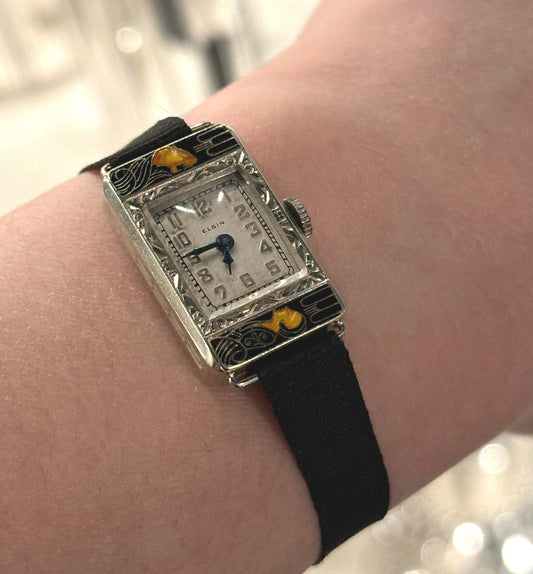 Estate Elgin 1925 Art Deco 14K White & Yellow Gold & Enamel Bezel Watch "Woman and Tiger" with Original Band