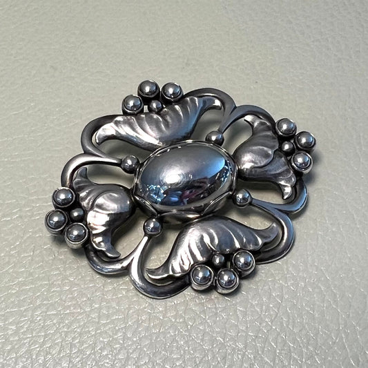 Estate Georg Jensen Sterling Silver Art Nouveau Foliage & Silver Pearl Cabochon Center Brooch No. 173