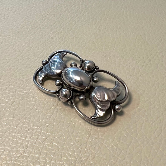 Estate Georg Jensen Sterling Silver Art Nouveau Leaf and Silver Cabochon Brooch No. 236A