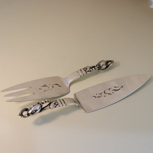 Estate Georg Jensen Sterling Silver "Blossom" 2 Piece Fish Server & Fork Set Pierced with Dolphins No. 84