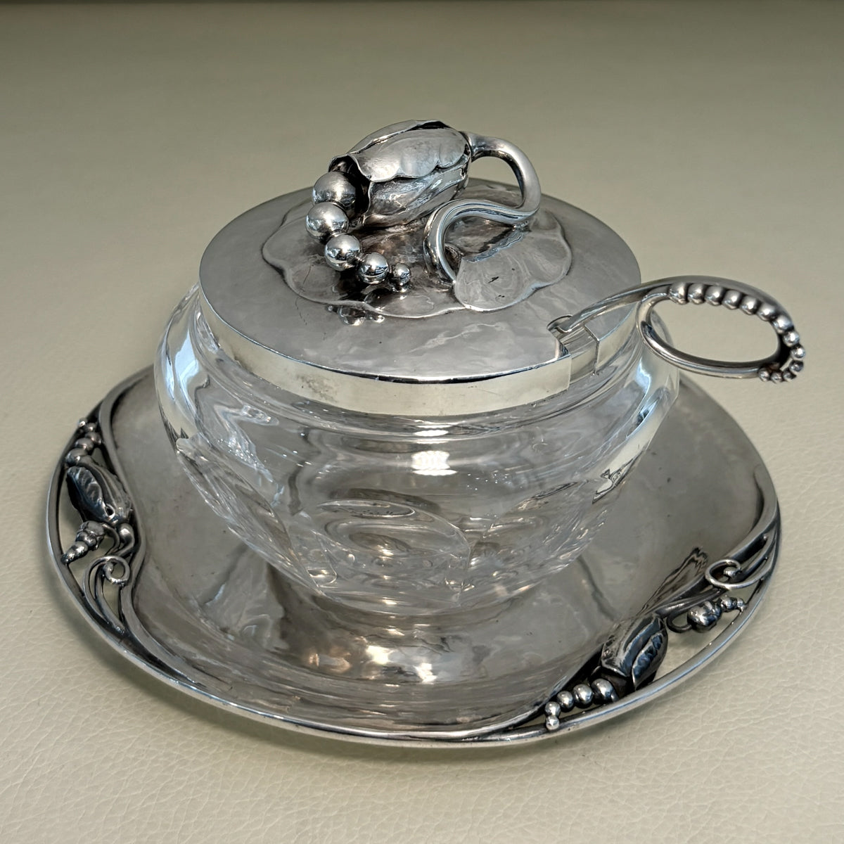Estate Georg Jensen Sterling Silver "Blossom" Lidded Baccarat Jam Pot No 2C with "Blossom" Underliner No 2A