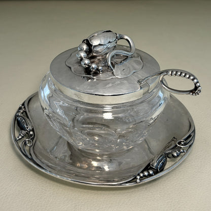 Estate Georg Jensen Sterling Silver "Blossom" Lidded Baccarat Jam Pot No 2C with "Blossom" Underliner No 2A