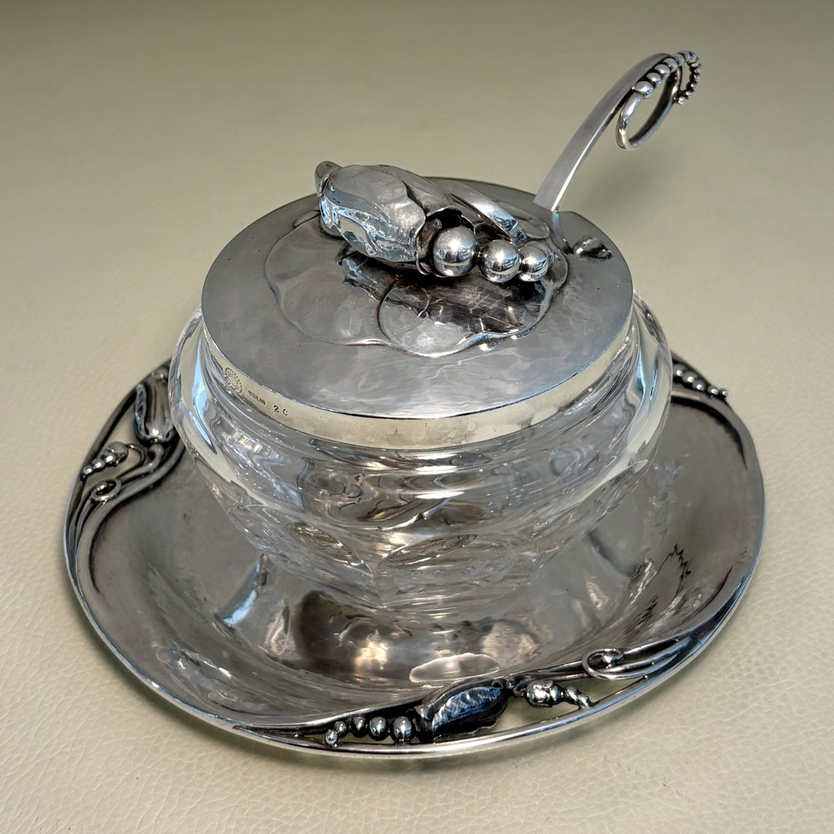 Estate Georg Jensen Sterling Silver "Blossom" Lidded Baccarat Jam Pot No 2C with "Blossom" Underliner No 2A