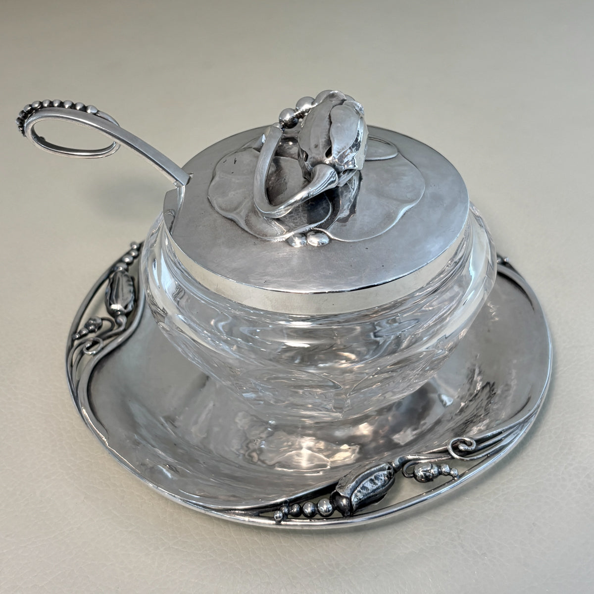 Estate Georg Jensen Sterling Silver "Blossom" Lidded Baccarat Jam Pot No 2C with "Blossom" Underliner No 2A