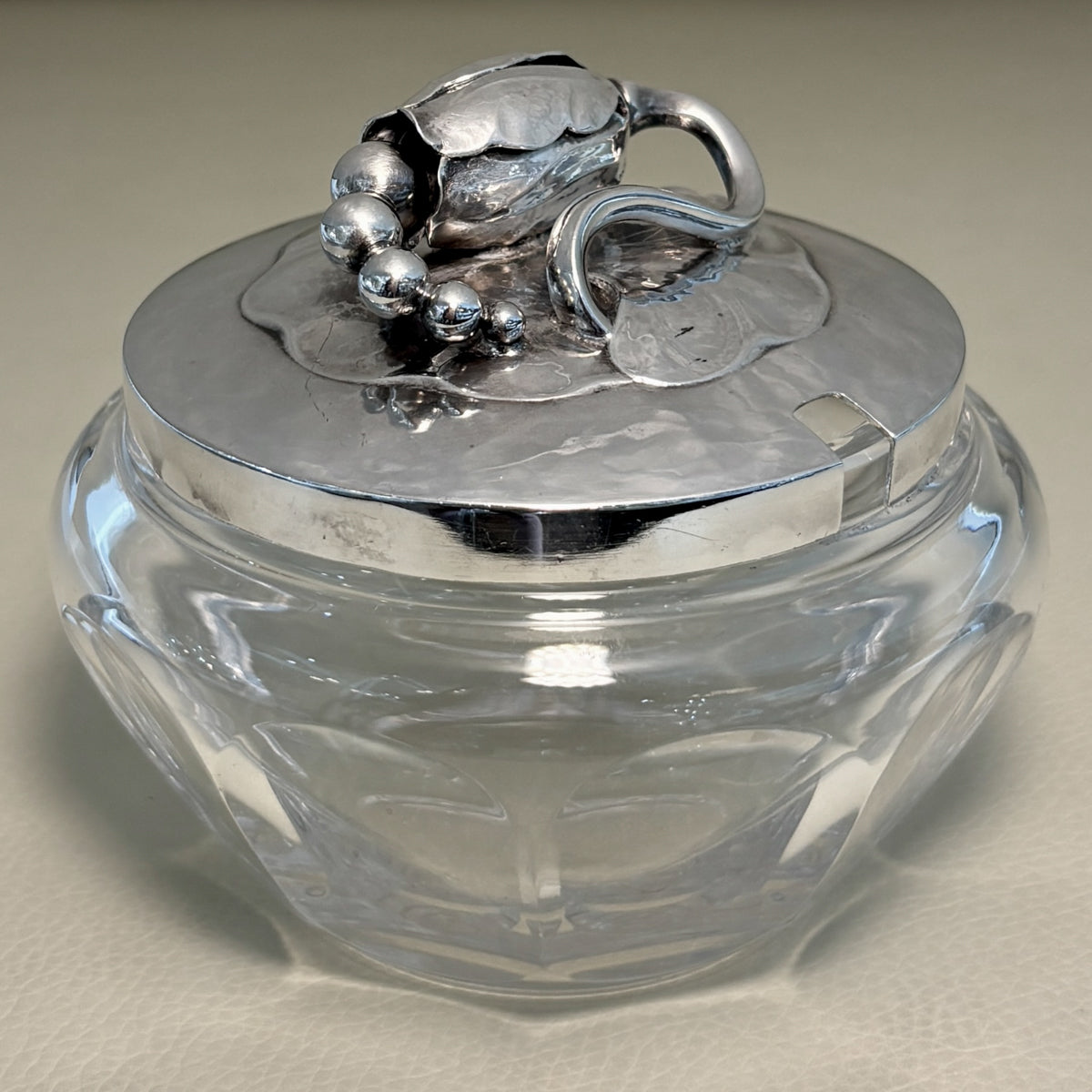 Estate Georg Jensen Sterling Silver "Blossom" Lidded Baccarat Jam Pot No 2C with "Blossom" Underliner No 2A