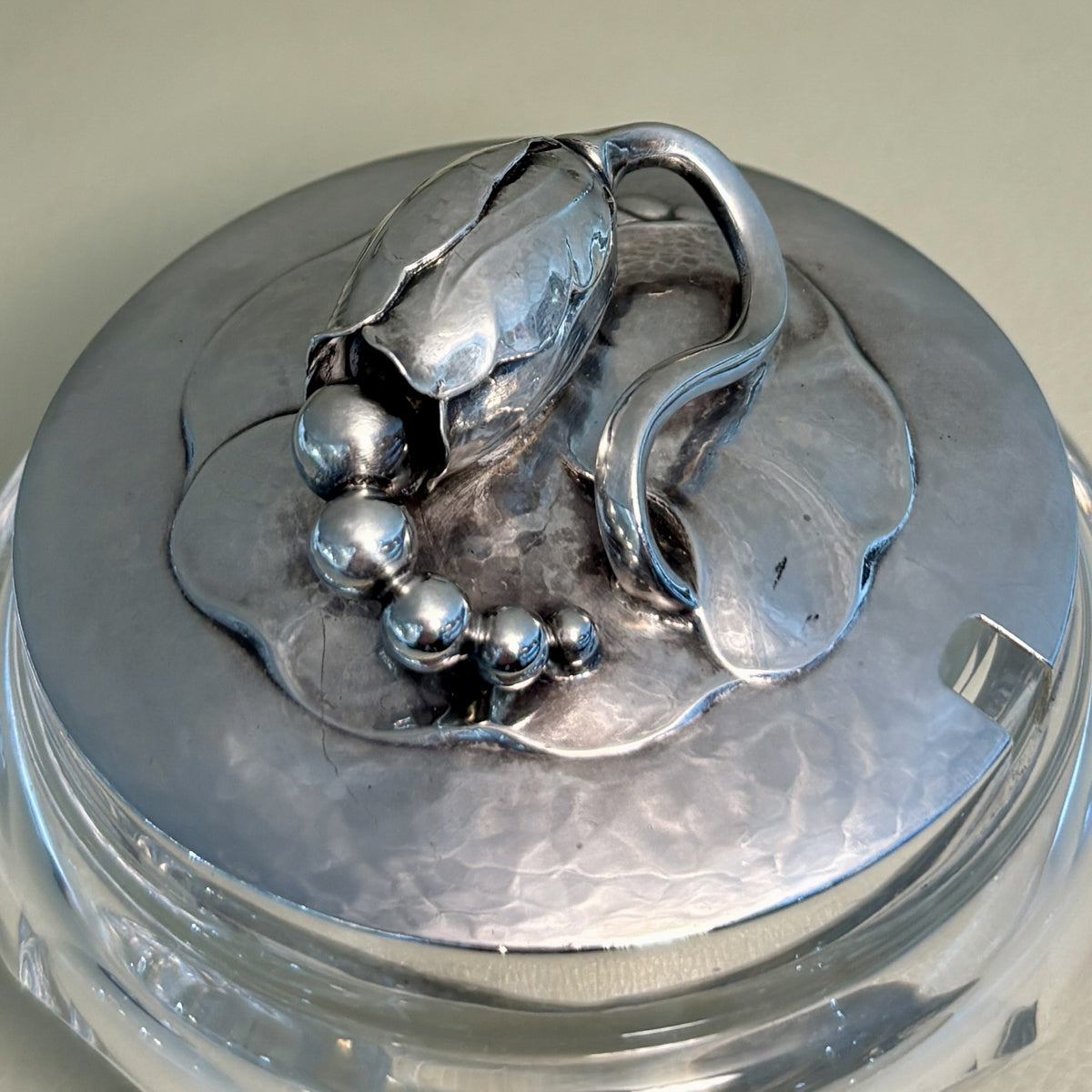 Estate Georg Jensen Sterling Silver "Blossom" Lidded Baccarat Jam Pot No 2C with "Blossom" Underliner No 2A