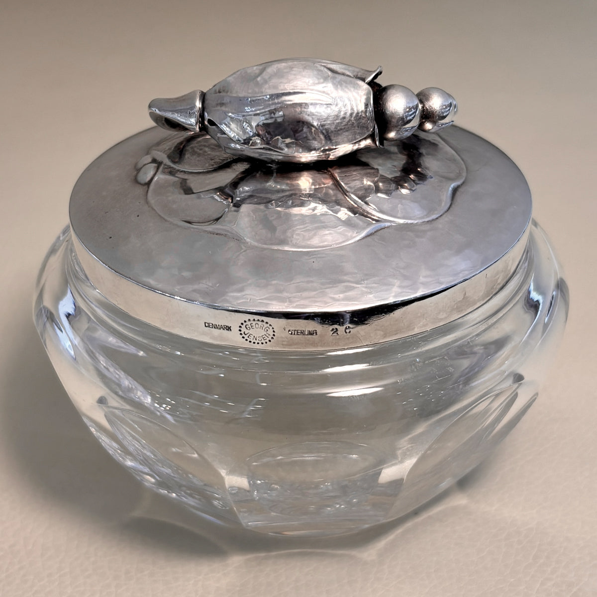 Estate Georg Jensen Sterling Silver "Blossom" Lidded Baccarat Jam Pot No 2C with "Blossom" Underliner No 2A
