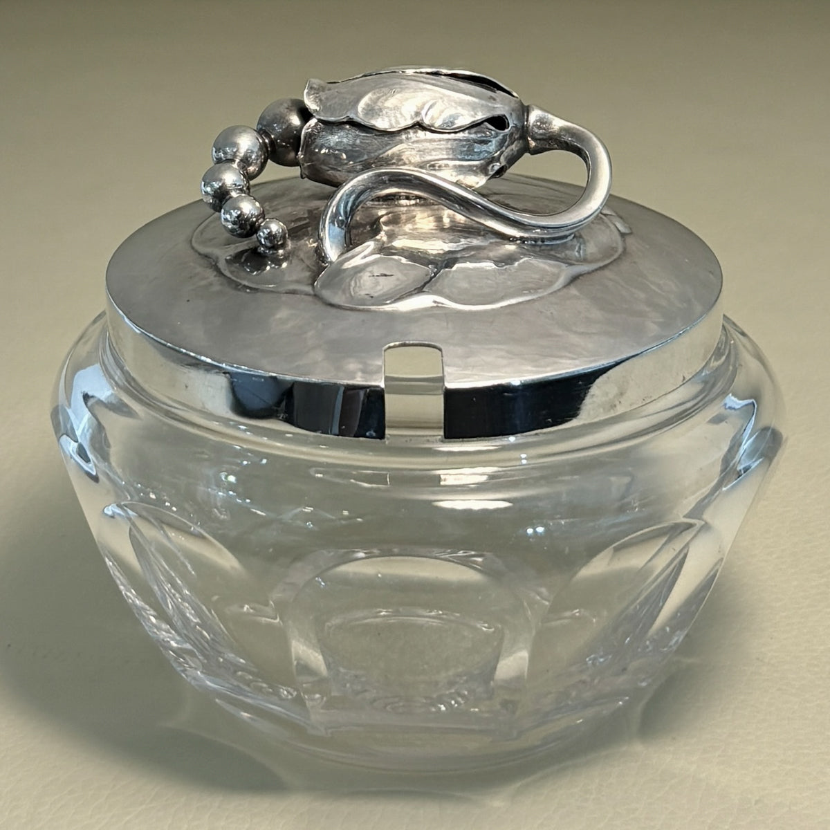 Estate Georg Jensen Sterling Silver "Blossom" Lidded Baccarat Jam Pot No 2C with "Blossom" Underliner No 2A