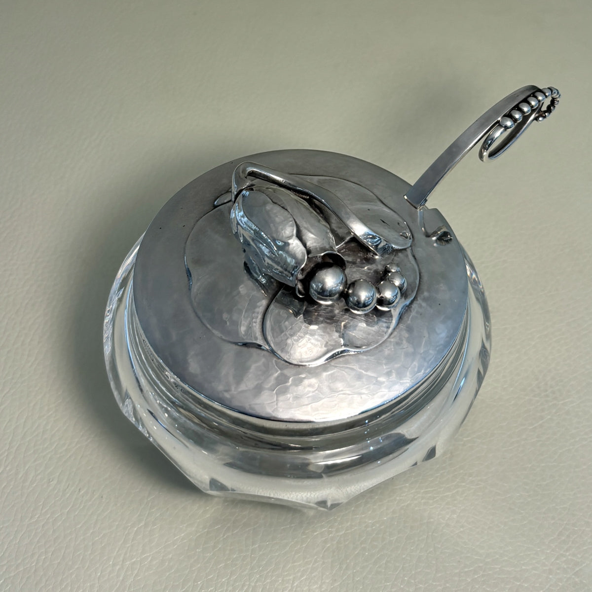 Estate Georg Jensen Sterling Silver "Blossom" Lidded Baccarat Jam Pot No 2C with "Blossom" Underliner No 2A