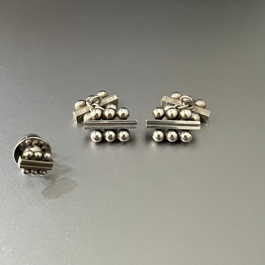 Estate Georg Jensen Sterling Silver Cufflinks with Tie Tack 3 Piece Set by Harald Nielsen No. 61B