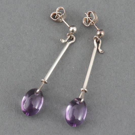 Estate Georg Jensen Sterling Silver Dew Drop Earrings with Amethyst by Vivianna Torun, Design No. 128A