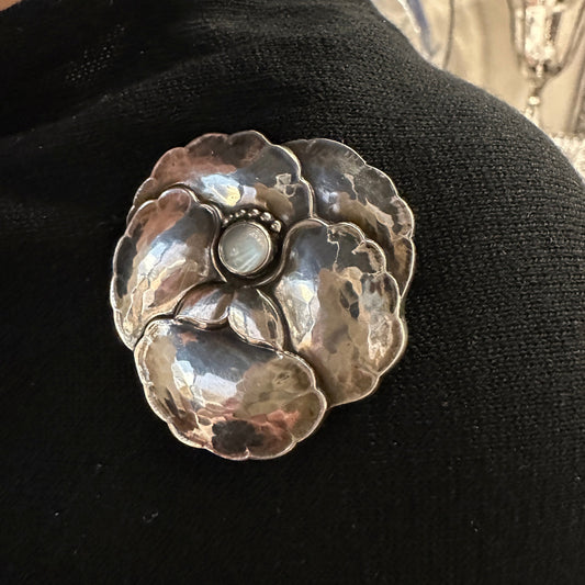 Estate Georg Jensen Sterling Silver Pansy Brooch with Moonstone No. 113