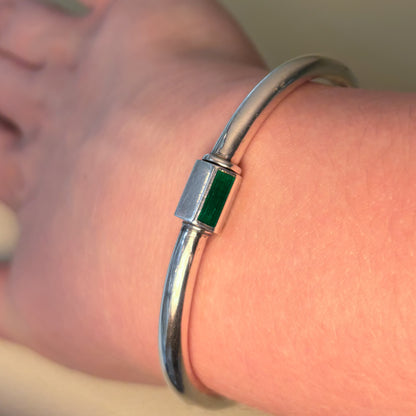 Estate Gucci Sterling Silver Hinged Bangle Inlaid with Rectangular Green Enamel and Screw Clasp by Piero Nutini