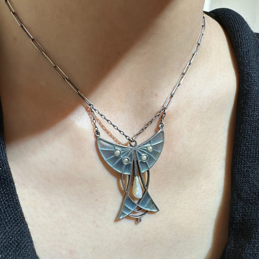 Estate Heinrich Levinger Silver Jugendstil Pendant with Plique a Jour and Pearl Art Nouveau Necklace