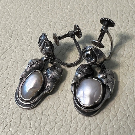Estate Kalo Hand Wrought Sterling Silver Art Nouveau Blister Pearl Earrings by Bjarne Axness