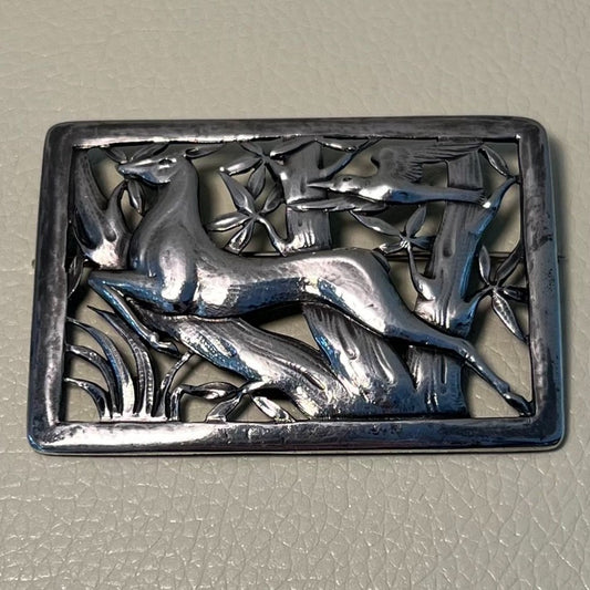 Estate Peer Smed Sterling Silver Hand Wrought Brooch Running Deer Bird Rare
