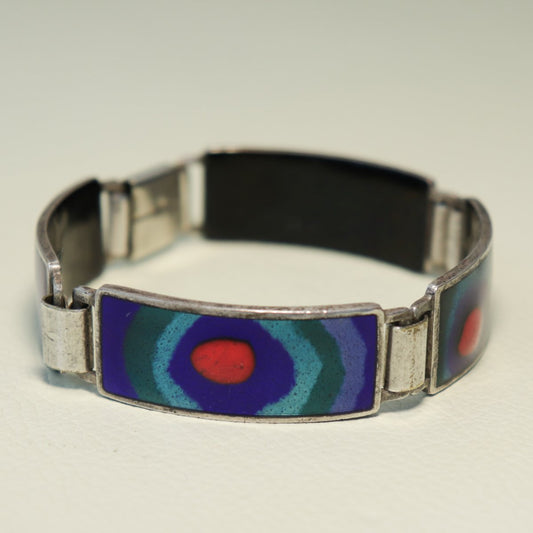 Estate Perli Sterling Silver & Blue, Green, & Red Enamel Bracelet
