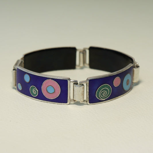 Estate Perli Sterling Silver & Matte Blue Enamel Bracelet with Abstract Circular Designs