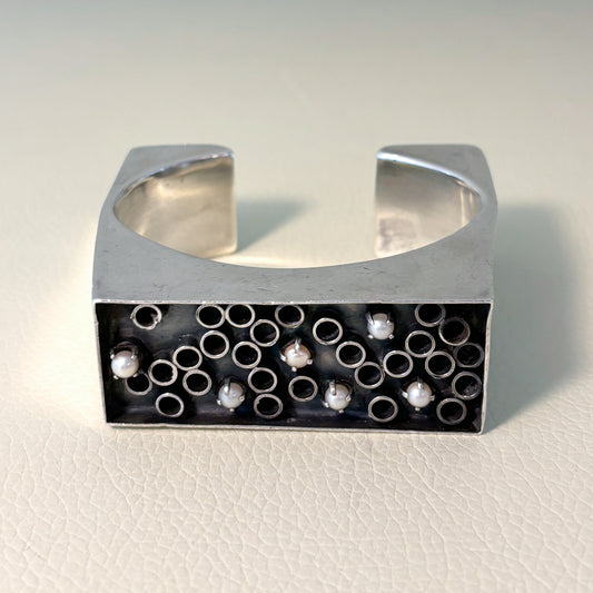 Estate Rachel Gera Sterling Silver Brutalist Handmade Cuff Bracelet with Natural Pearls