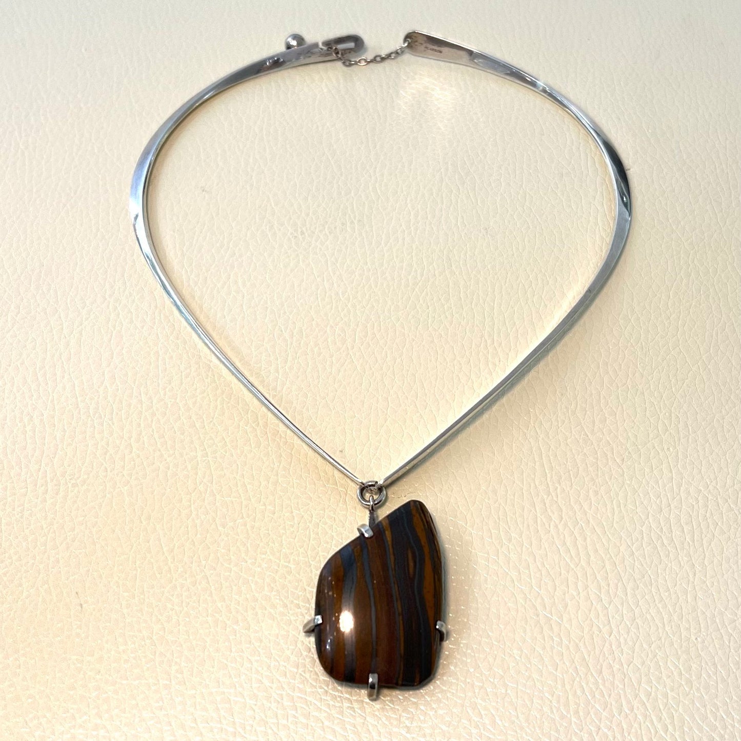 Estate Ronald Hayes Pearson Sterling Silver Hinged Neck Ring with Amorphic Shaped Natural Stone Pendant