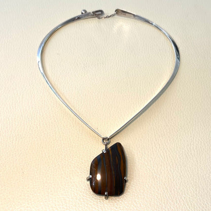 Estate Ronald Hayes Pearson Sterling Silver Hinged Neck Ring with Amorphic Shaped Natural Stone Pendant