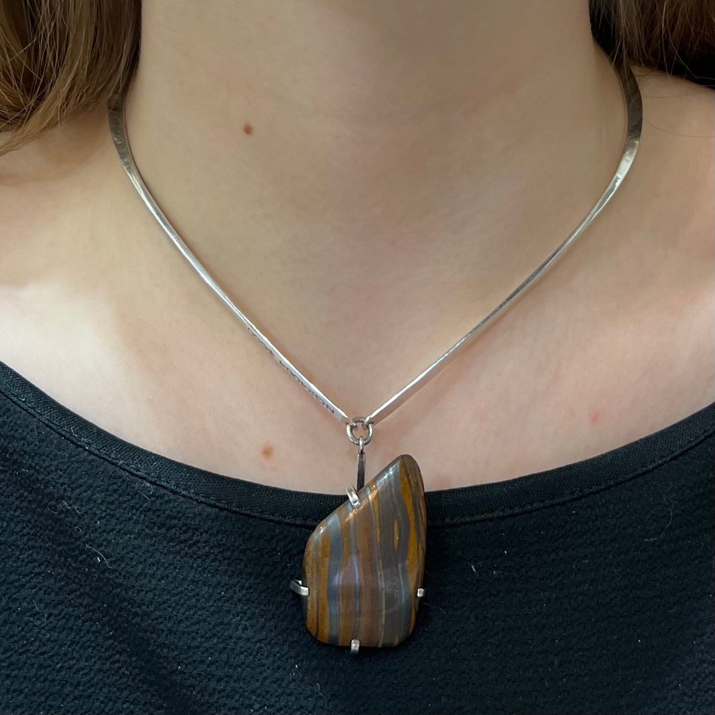 Estate Ronald Hayes Pearson Sterling Silver Hinged Neck Ring with Amorphic Shaped Natural Stone Pendant