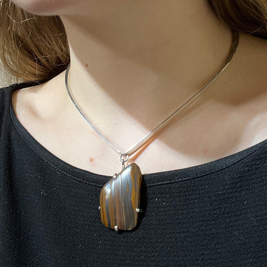 Estate Ronald Hayes Pearson Sterling Silver Hinged Neck Ring with Amorphic Shaped Natural Stone Pendant