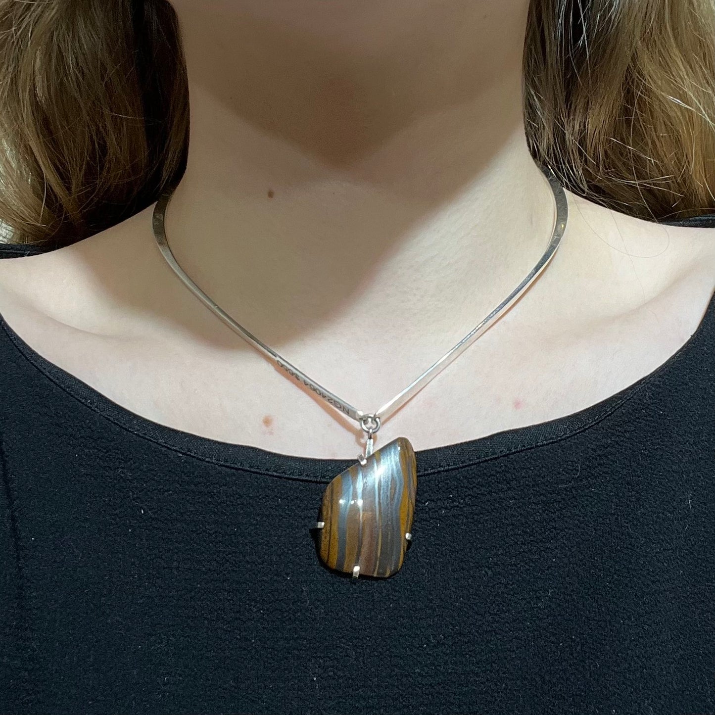 Estate Ronald Hayes Pearson Sterling Silver Hinged Neck Ring with Amorphic Shaped Natural Stone Pendant