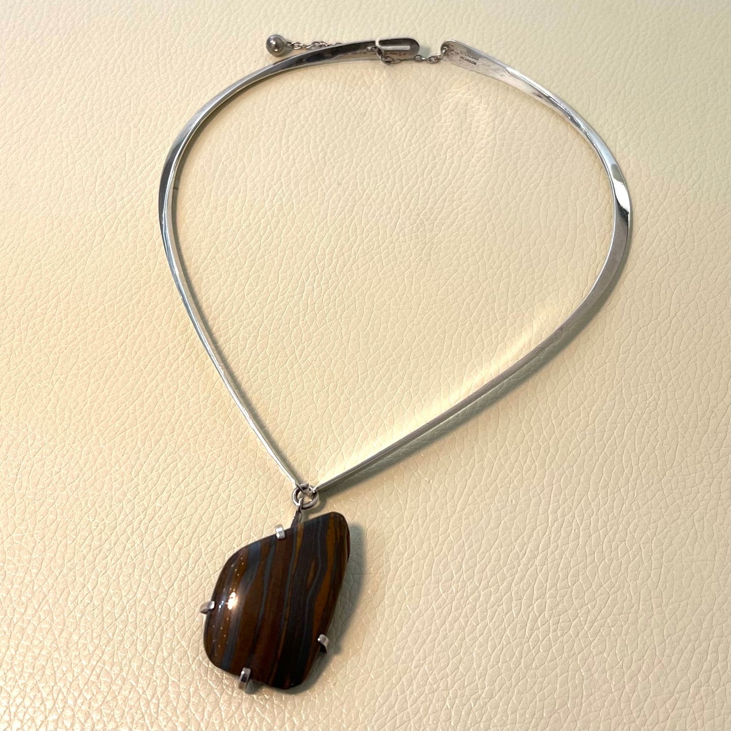 Estate Ronald Hayes Pearson Sterling Silver Hinged Neck Ring with Amorphic Shaped Natural Stone Pendant