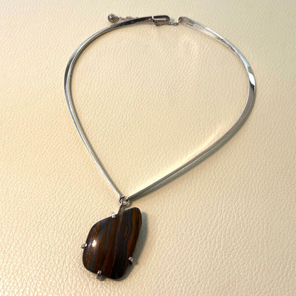 Estate Ronald Hayes Pearson Sterling Silver Hinged Neck Ring with Amorphic Shaped Natural Stone Pendant