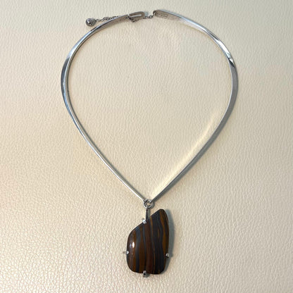 Estate Ronald Hayes Pearson Sterling Silver Hinged Neck Ring with Amorphic Shaped Natural Stone Pendant