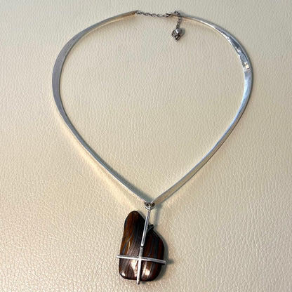 Estate Ronald Hayes Pearson Sterling Silver Hinged Neck Ring with Amorphic Shaped Natural Stone Pendant